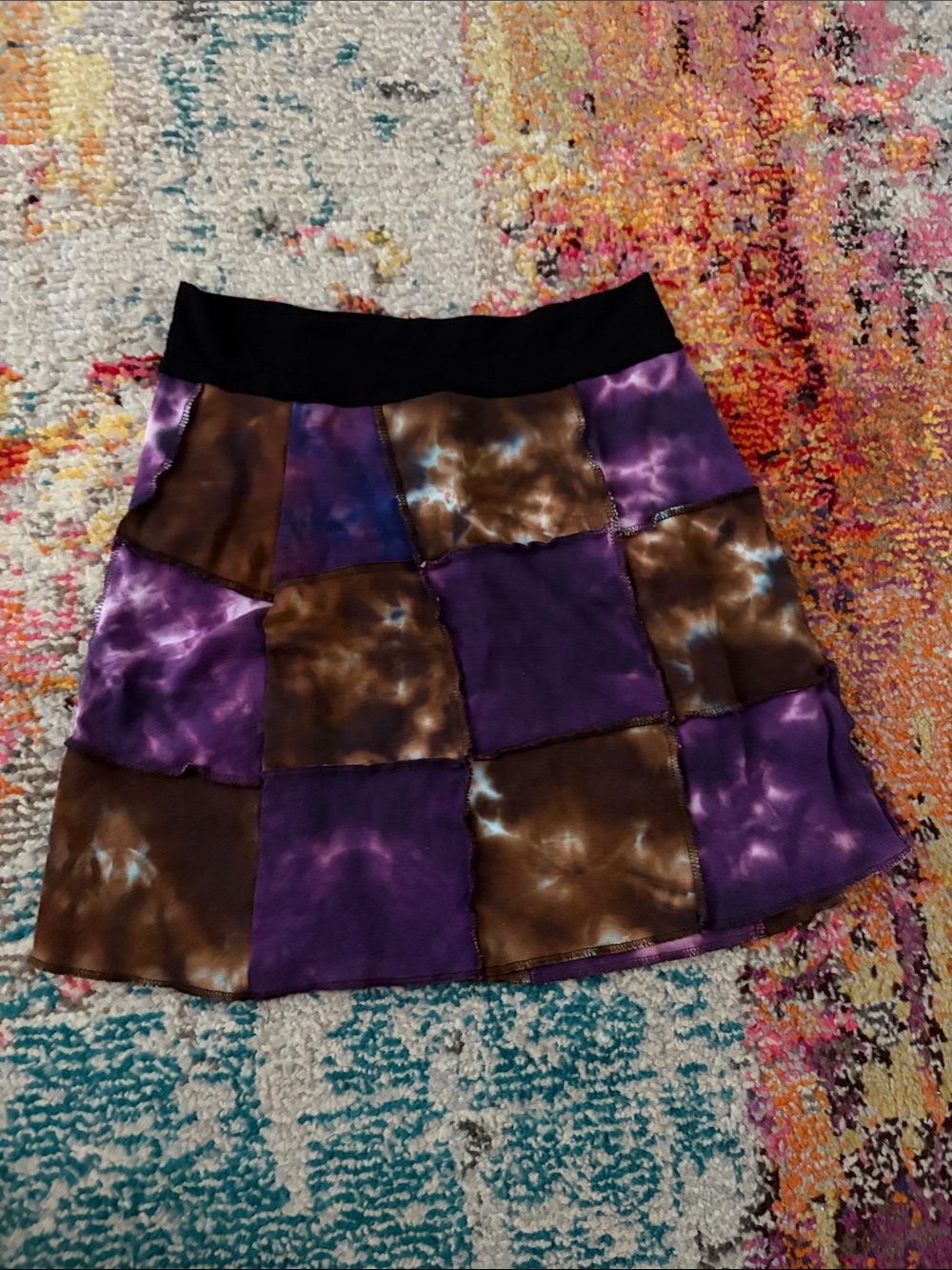 Patchwork Tie-Dye Mini Skirt in Purple and Brown